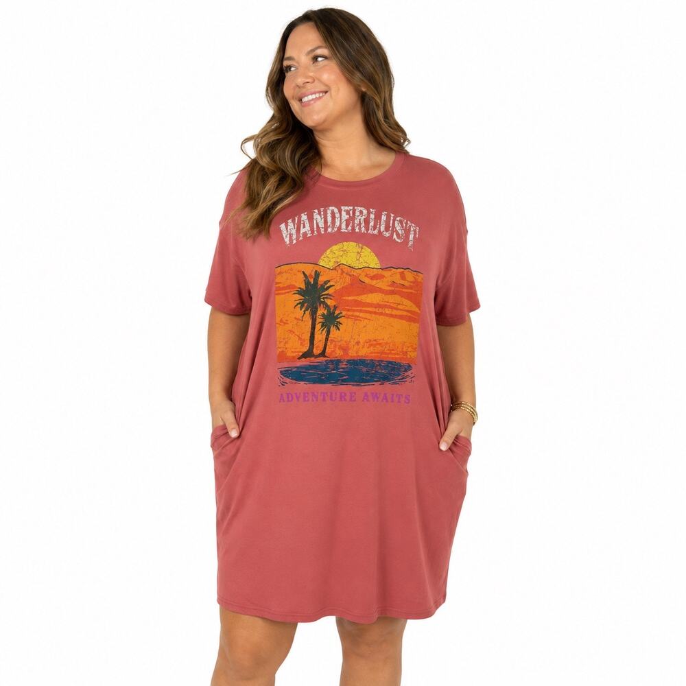 Joyspun Wanderlust Graphic T Shirt Dress Coral Pink Desert Sunset Pockets Sz 2X